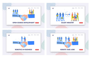 Poster - business cooperation with robots landing page template set. human and cyborg team characters handsha