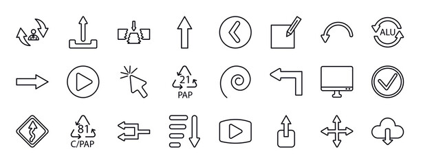 Poster - user interface editable line icons set. user interface thin line icons collection. repaying, upload button, gap, pointing up arrow, round left button, make, curve arrows vector illustration.