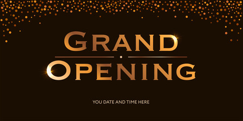 Grand opening. Vector illustration. Gold retro styled inscription with confetti on dark backdrop