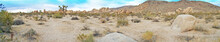 High Desert Panoramic Image Of Terrain - Joshua Tree National Park - Panoramic Image Of Desert Landscape Of Rocks, Cactus, Shrubs And Mountains.