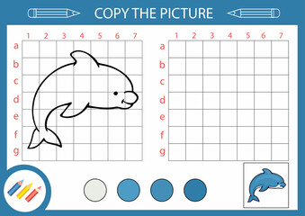 Sticker - Children education riddle copy draw of cute dolphin. Kids drawing lesson. Activity page and worksheet with fun and game.