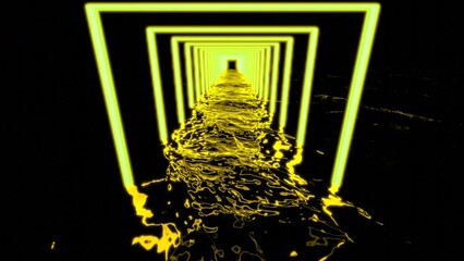 Poster - Neon 3d tunnel with water. Design. Square neon tunnel with water in dark. Frightening tunnel with glowing corridor and dark water