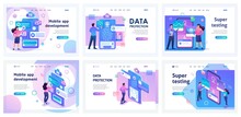 Set Of Landing Pages For Working With Mobile App. Isometric 3D And 2D Illustrations. Creating An Application, Super Testing, Mobile App Development