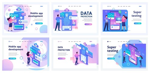 Poster - Set of landing pages for working with mobile app. Isometric 3D and 2D illustrations. Creating an application, Super Testing, mobile app development