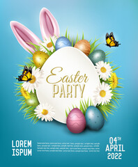 holiday easter party flyer with easter eggs, spring flowers, grass and rabbit. vector.