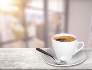 Canvas Print - White coffee cup with espresso in morning on  marble desk. Aroma coffee.