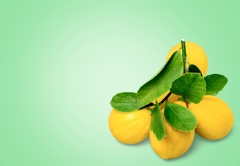 Wall Mural - Lemon fruits with branch and leaves on background.