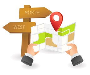 Poster - Flat isometric concept illustration. find direction location with map