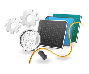 Fototapete - Flat isometric concept illustration. Programmer's binary code computer analysis process