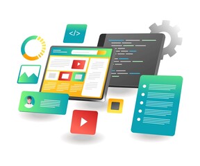 Poster - Flat isometric illustration landing page concept. developer application web design layout