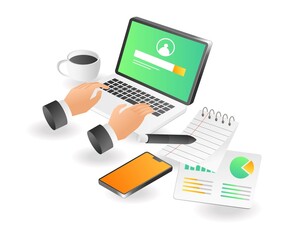 Poster - Flat isometric illustration landing page concept. account login at work desk