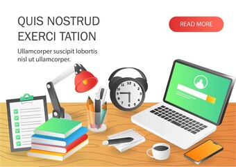 Poster - Flat isometric illustration landing page concept. work desk and professional school