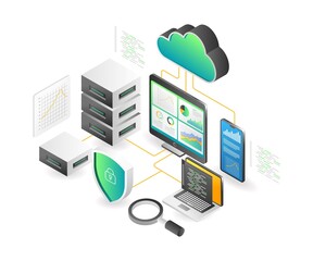 Leinwandbilder - Landing page concept flat isometric illustration. cloud server transformation digital analyst data monitoring
