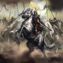 An Arab Commander On A Horse Leads His Cavalry Into Battle, He Has A Turban On His Head And He Has A Scimitar In His Hand. Digital Drawing Style, 2D Illustration