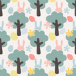 Seamless retro easter pattern eggs and happy bunny, pastel color vector.
Hand drawn cute Rabit hide behind tree, easter egg hunt repeat pattern background.