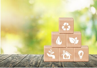 Canvas Print - Concept of environmental.  Wooden cube block with icon, social and corporate governance concept