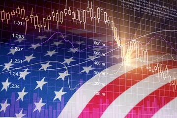 Canvas Print - USA flag on with stock market graph, Forex trading and investment concept