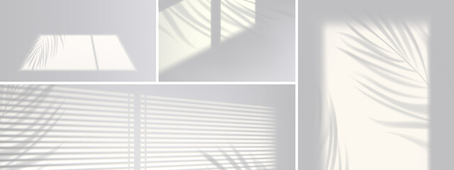 Poster - Shadow overlay effect backgrounds. Vector realistic mockup of room with sunlight from window and gray shades of blinds and plant leaves on white wall and floor