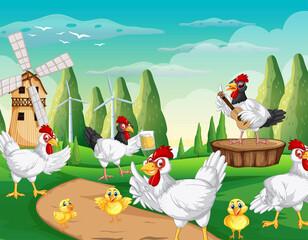 Sticker - Goup of chickens and chicks in farm scene