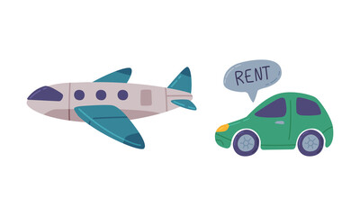 Sticker - Passenger airplane and car cartoon vector illustration on white background.