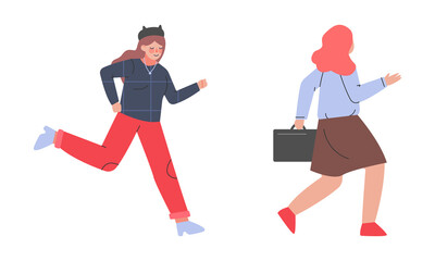 Sticker - Young women running hurrying up at work cartoon vector illustration