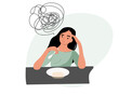 Young woman without appetite before eating. Sadly sits and worries. Symptoms of depression reduce appetite and reduce weight. Vector illustration.