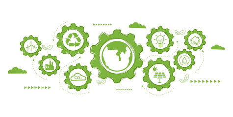 Wall Mural - World environment and sustainable development concept with ecology doodle icons in gear, vector environment, eco friendly, green technology and ecology symbols. isolated vector in flat style