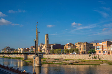 Wall Mural - View to the Franco monument at the Ebro river in Tortosa, Catalonia, Tarragona, Spain.