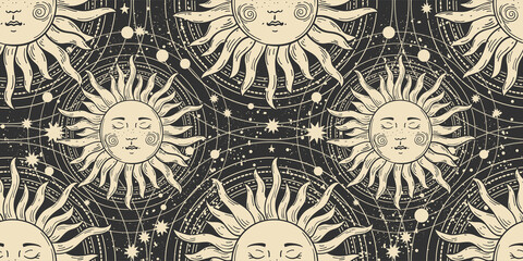 Sticker - Seamless boho pattern, golden sun with a face and orbits on a black background, esoteric cover pattern, mystical background. Vector illustration for tarot.