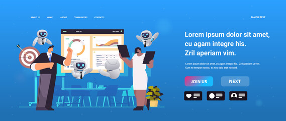 Poster - mix race businesspeople with robots presenting financial statistics charts graphs and diagrams at co