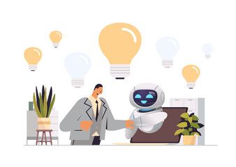 Poster - businessman shaking hands with robot light bulb creative idea brainstorming startup artificial intel
