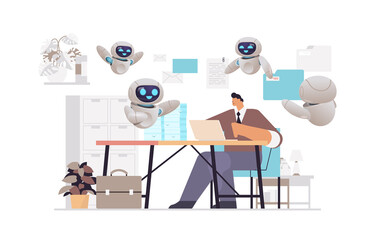 Poster - overworked businessman with robots using laptop at workplace busy business man working in office paperwork