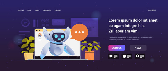 Poster - cute robot cyborg with chat bubble on laptop screen modern robotic character artificial intelligence