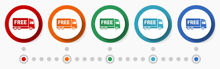 Aufkleber - Truck, free delivery concept vector icon set, flat design colorful buttons, infographic template in 5 color options