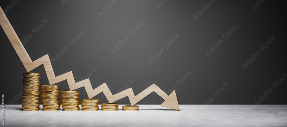 Coin Stack Shrinking Abstract falling coin stack chart and arrow on wide black background ...