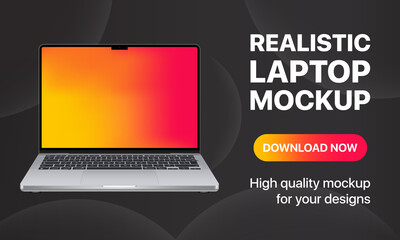 Poster - Realistic laptop template banner. Detailed notebook mockup. Download now button. Can be used for business, advertising or marketing. Vector illustration
