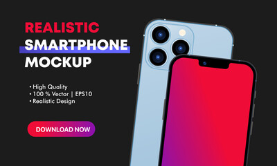 Poster - Realistic smartphone mockup with 3 cameras. Device back and front view. Download now button. Can be used for business presentation, advertising or marketing. Vector illustration