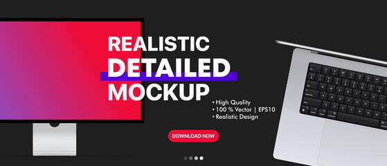 Poster - Realistic detailed display studio mockup. Desktop computer and laptop. Download now button. Can be used for business presentation, advertising or marketing. Vector illustration