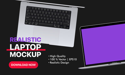 Poster - Realistic laptop mockup with blank screen. Device top view. Download now button. Can be used for business presentation, advertising or marketing. Vector illustration