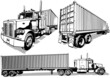 Set of Drawings of an American Truck with a Trailer - Black Illustrations Isolated on White Background, Vector