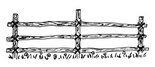 Rustic Old Wooden Fence Made Of Logs. Grass And Flowers. Ranch, Protection Of Farm Fields, Corral For Animals. Simple Hand Drawn Black Outline Vector Drawing. Ink Sketch.