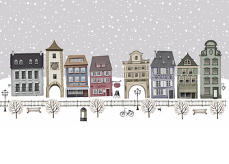 winter cityscape of europe. facades of buildings. background for greeting cards happy new year and m