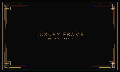 Art deco golden frames background. Vector illustration for design element, decoration, and wallpaper. Line gold vintage decorative borders isolated on black background. 