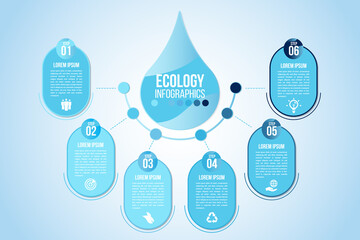 Wall Mural - infographic eco water blue design elements process 6 steps or options parts with drop of water. ecol