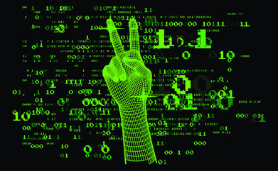 Poster - Low-poly 3D hand on dark background with binary code. Retrofuturistic cyberpunk style illustration.