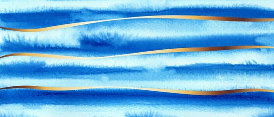 Wall Mural - Blue watercolor background with golden stripes. Artistic bright backdrop, wallpaper.