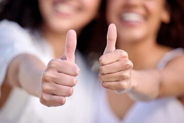 Sticker - If you love it we love it too. Cropped shot of two unrecognisable women showing thumbs up outdoors.