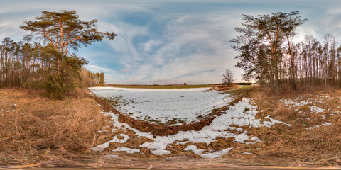 Wall Mural - Amazing landscape with blue sky at spring trees without greens and grass with snow 3D spherical panorama with 360 degree viewing angle Ready for virtual reality vr Full equirectangular projection