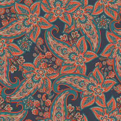  Seamless pattern with paisley ornament. Ornate floral decor for fabric. Vector illustration