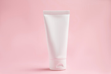 mockup of white squeeze bottle plastic tube for branding of medicine or cosmetics - cream, gel, skin care, toothpaste. Cosmetic bottle container on a pink background. Minimalism